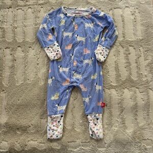 Magnetic Me 0-3 months Blue Dog and Hearts footie with foldover feet and hands